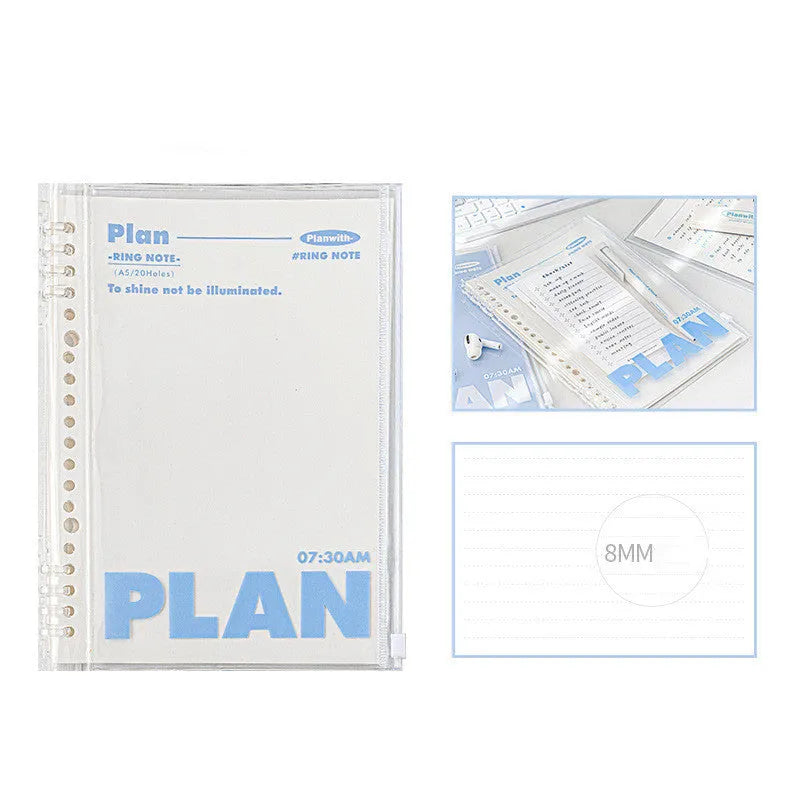 A5 PVC spiral notebook in blue or white with can store design for loose papers