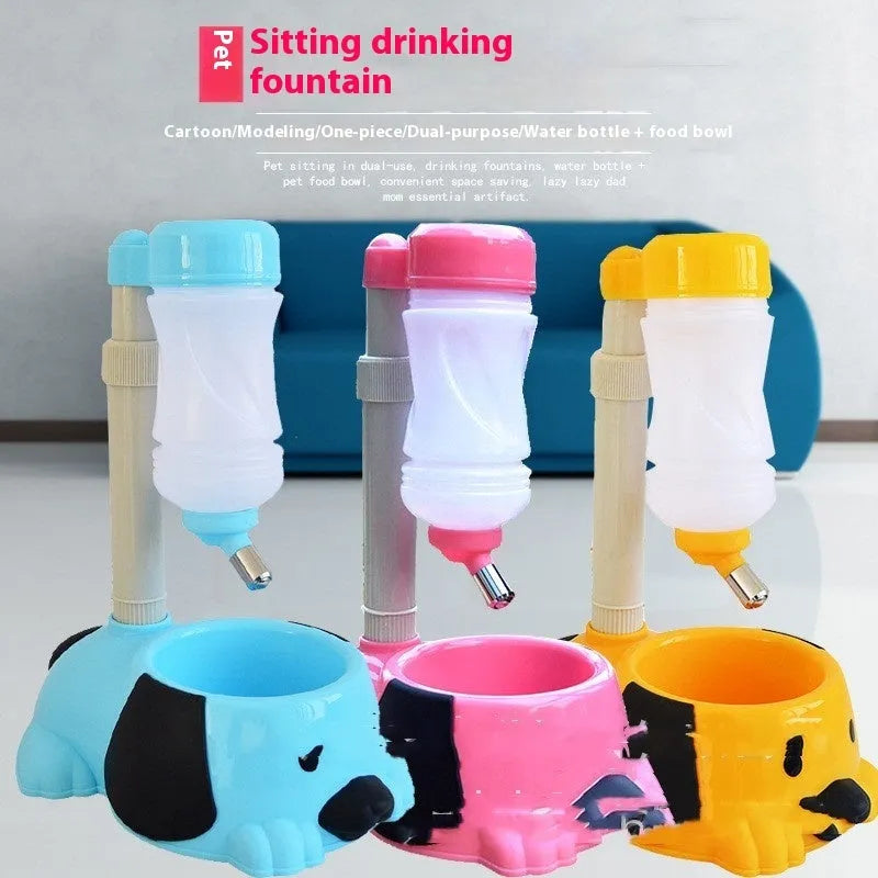 Adjustable pet drinking bowl with rod lifting system showing height adjustment up to 42cm