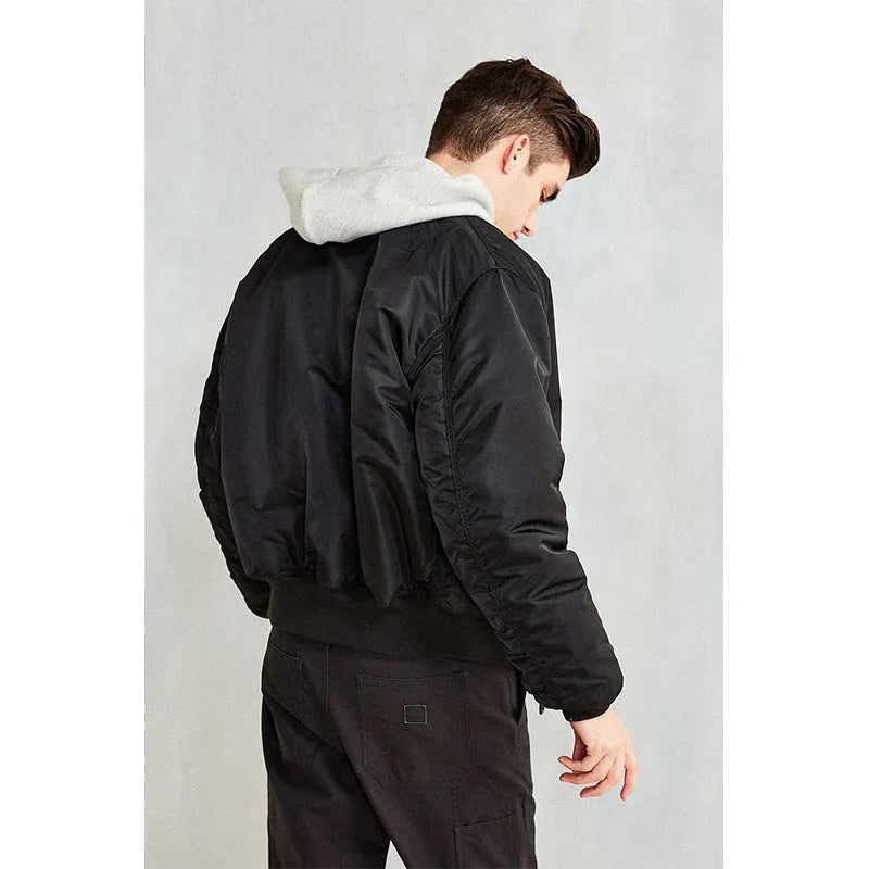 Men's loose fit cotton-padded pilot jacket in nylon, shown in Army Green colour.