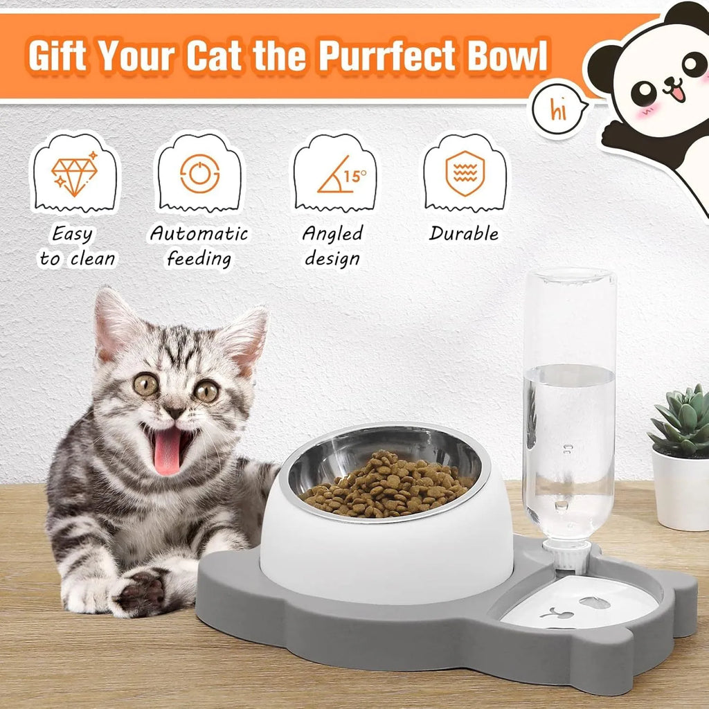 Panda-shaped elevated pet food and water bowl set with automatic dispenser bottle on stable base