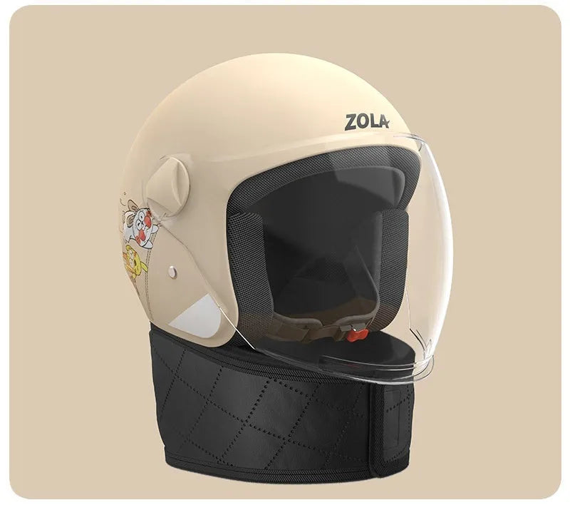 Blue winter electric bicycle helmet with attached ear scarf and a clear anti-fog visor.