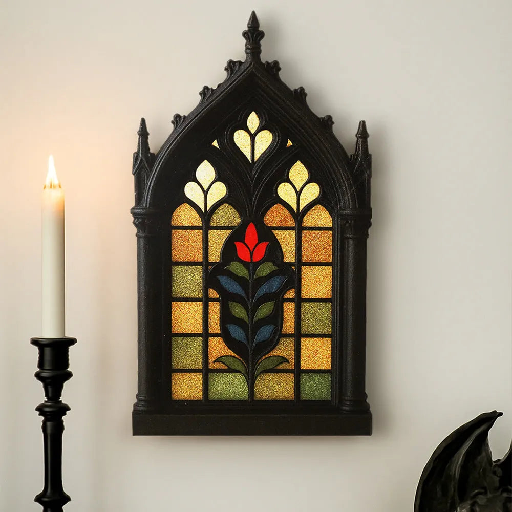 Black Gothic style wooden wall-mounted storage rack decoration on a plain wall.