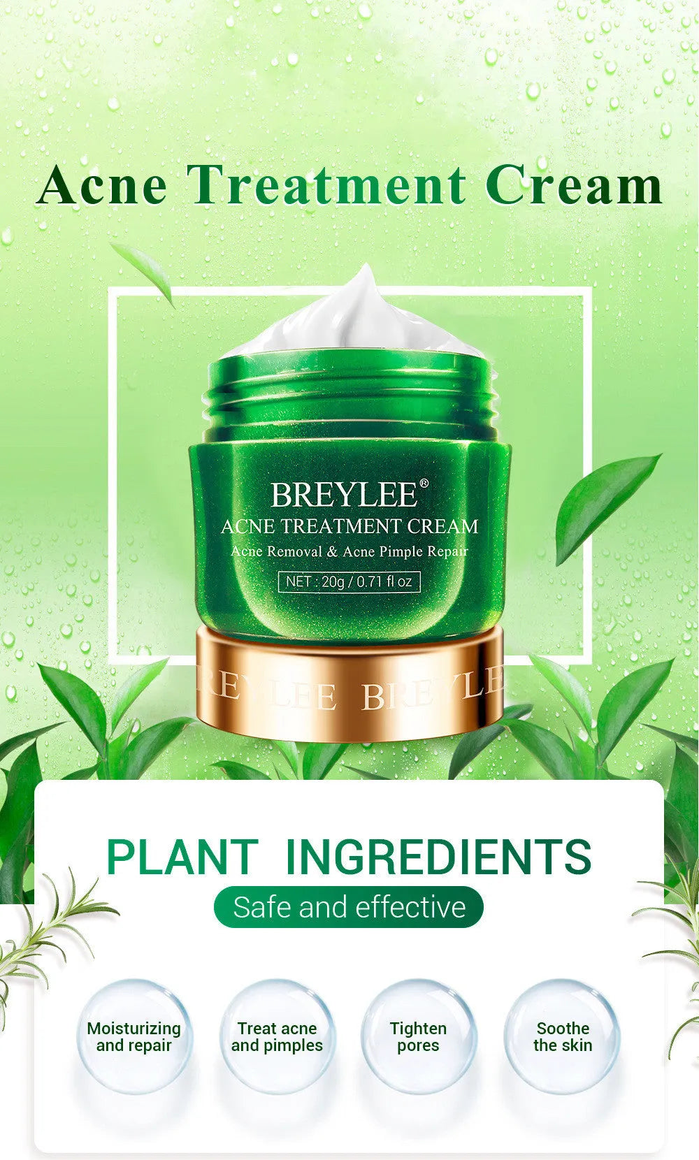 BREYLEE Tea Tree Acne Cream in a white jar with green lid for acne scar reduction