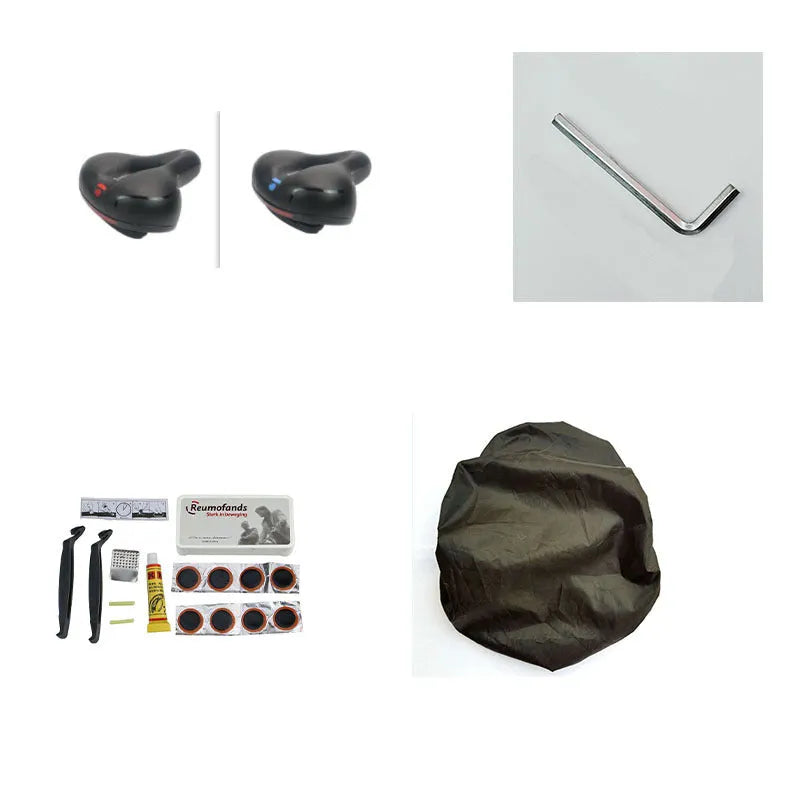 Bicycle saddle with black PU leather, showing spring suspension underside and included wrench and tyre patch.