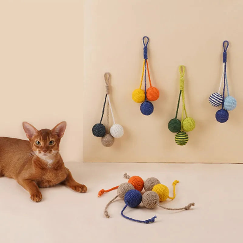 Cat toy set showing bite-resistant catnip ball and 255mm teaser stick in blue, green and multicolour options