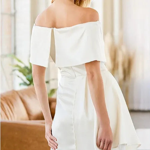 Off-shoulder short sleeve high waist dress in solid matcha green with lace-up back detail and mid-length patchwork skirt