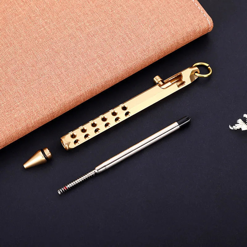 Brass hexagonal bolt roller pen with a 0.5mm tip shown in natural brass and retro black colours.