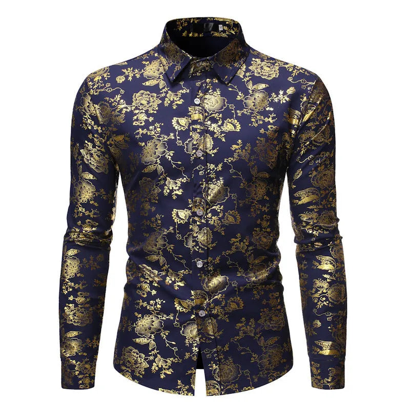 Men's casual shirt with metal bronzing printed lapel design in four colour options
