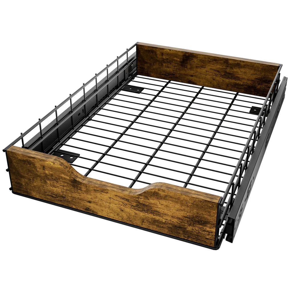 Black household storage basket drawer rack with wood and iron construction and pull basket design