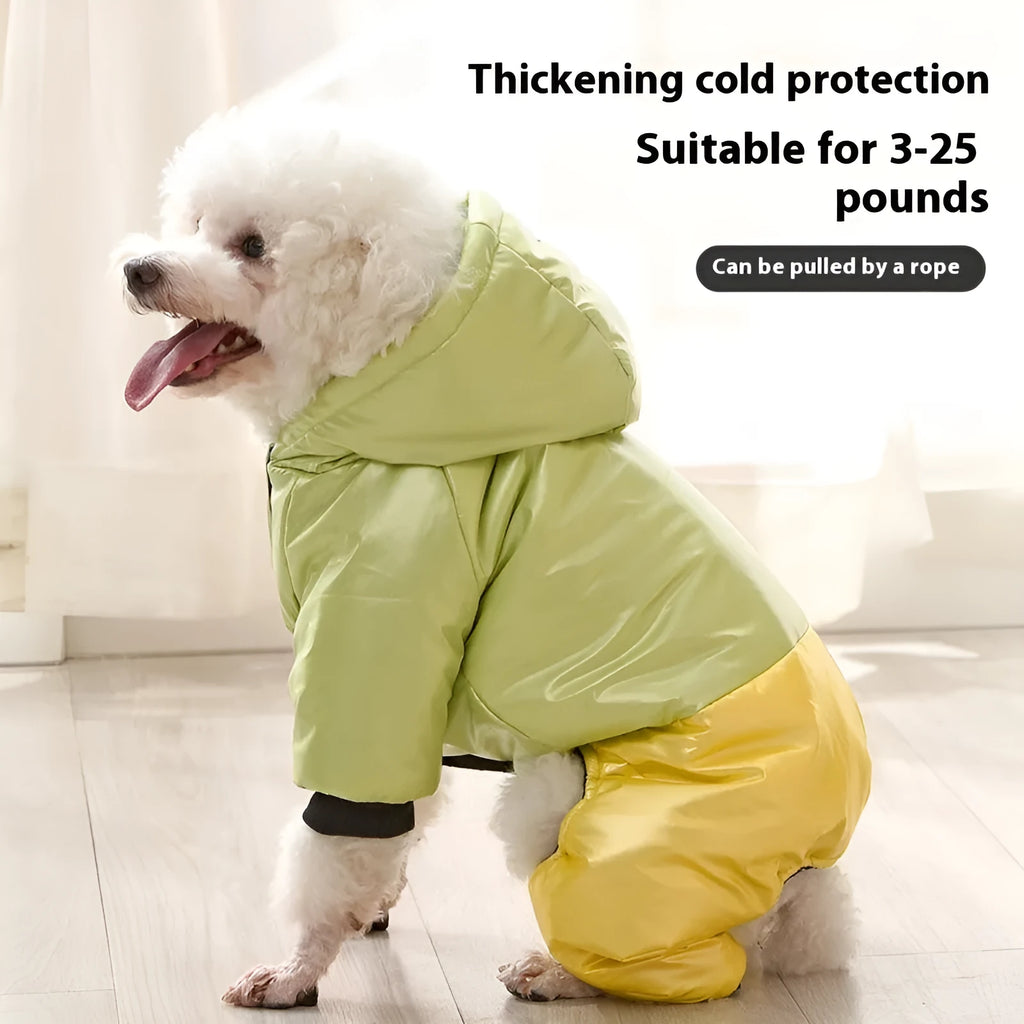 Green waterproof windproof dog winter coat with four-legged design and cotton construction