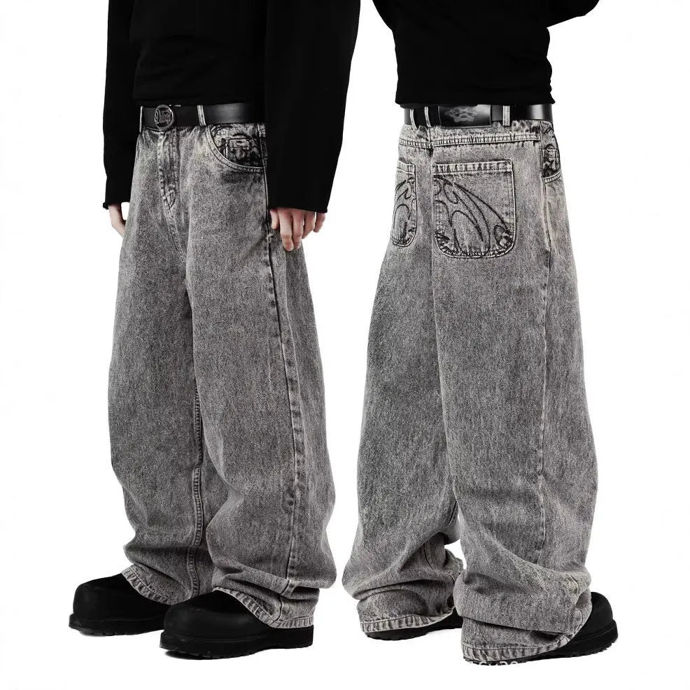 Grey loose straight-leg cotton denim trousers with mid waist design on hanger