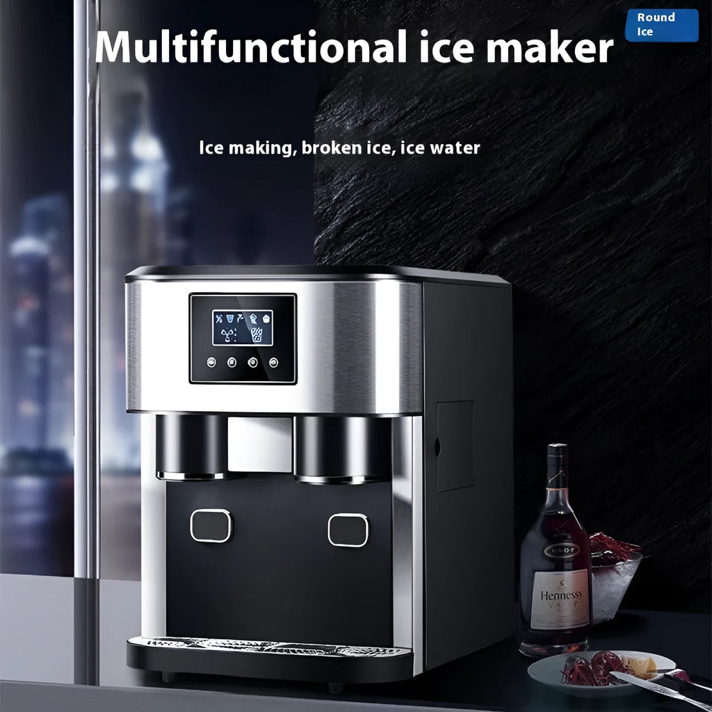 Black desktop ice maker with stainless steel ice box on a kitchen countertop.
