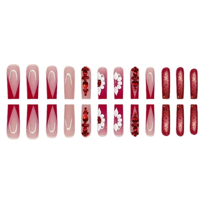 Sweet flower pattern fake nails with prismatic red diamond design in European square long shape