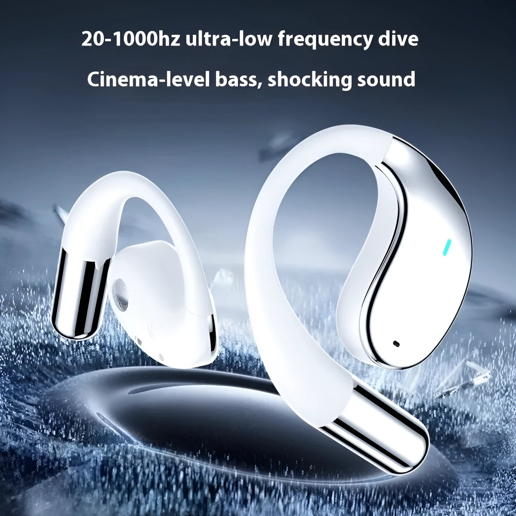 Black hanging-ear sports Bluetooth earphones with digital display.