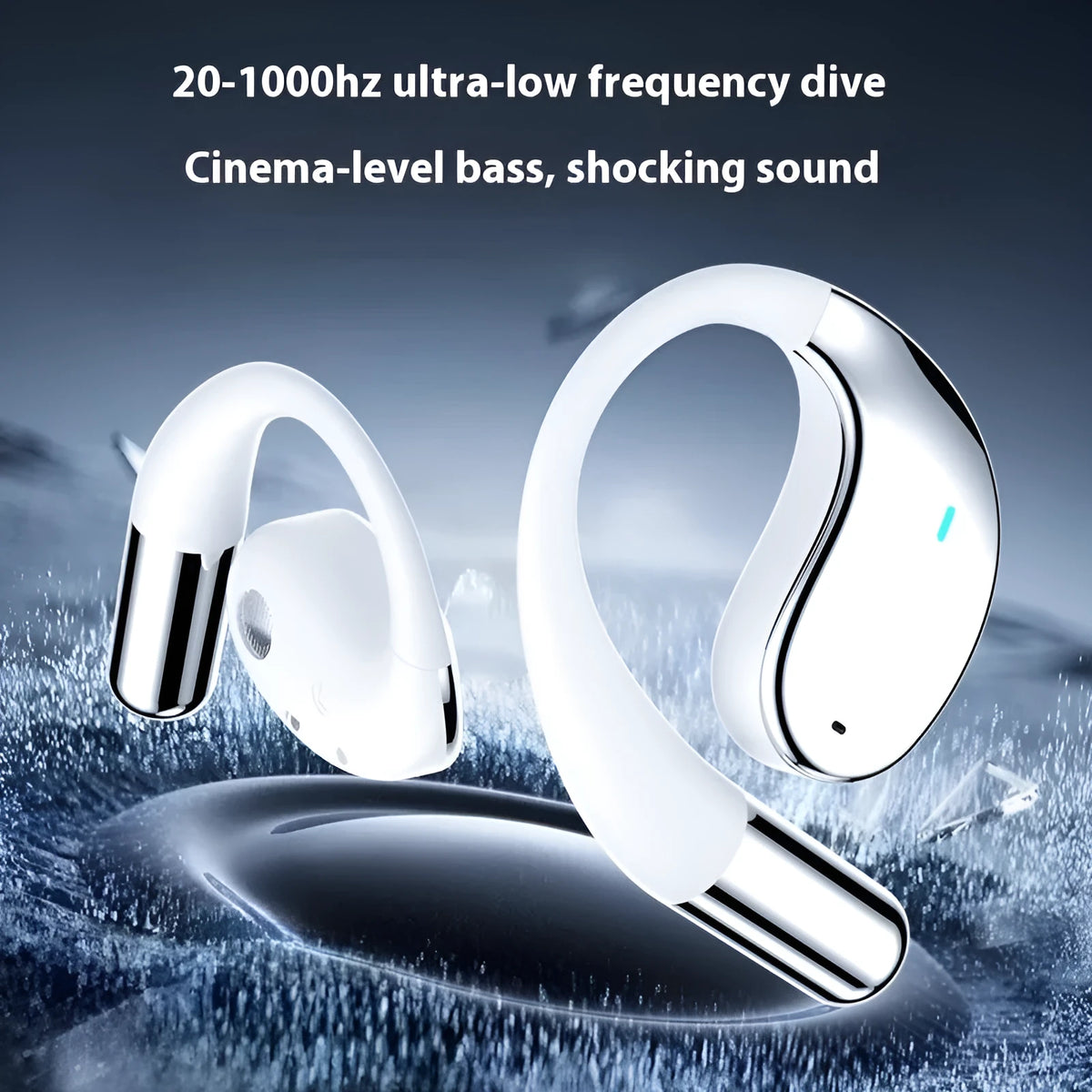 Black hanging-ear sports Bluetooth earphones with digital display.