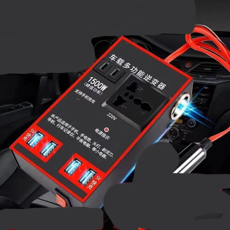 Black automotive power converter with 220V socket and 4 USB ports for 12V/24V vehicle systems