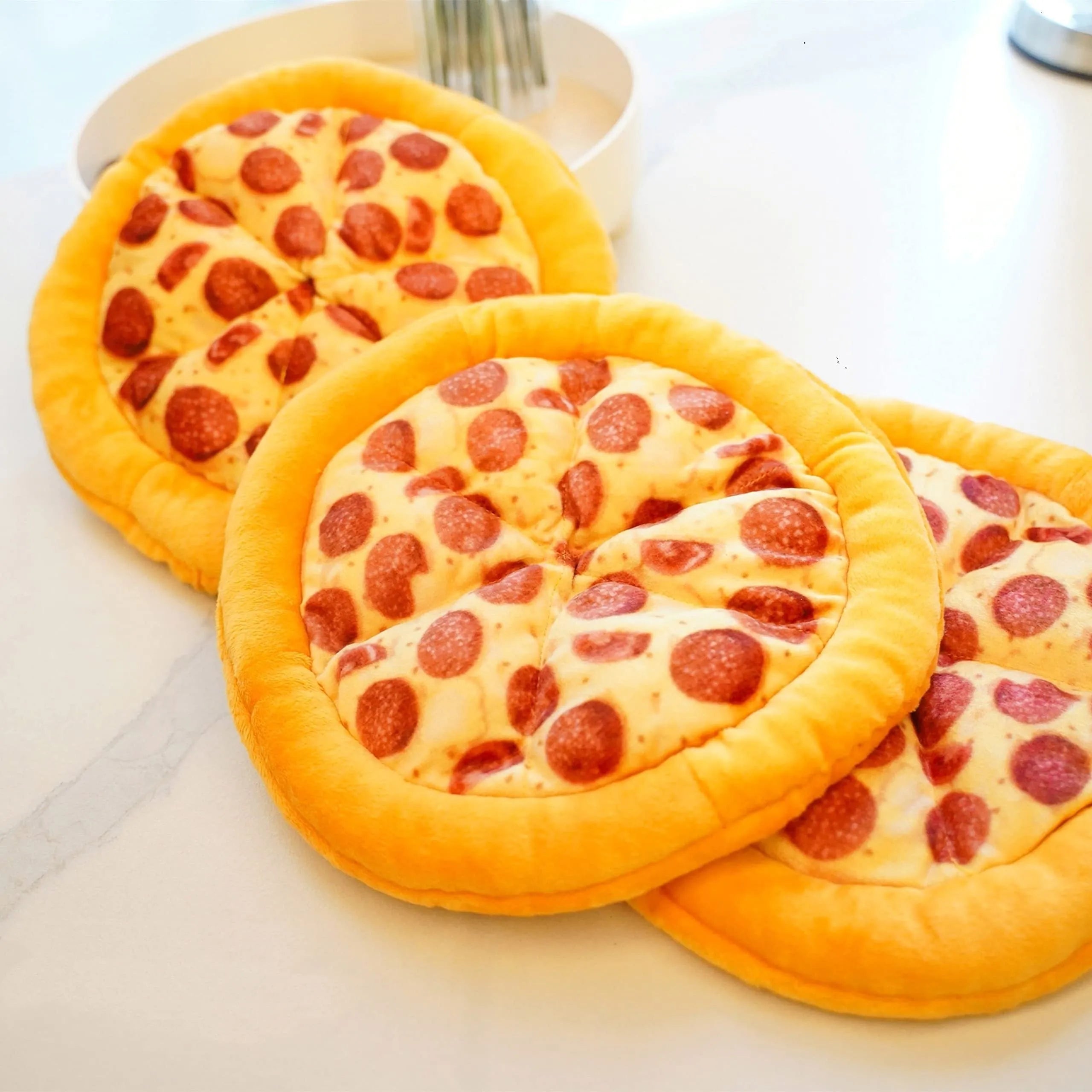 Yellow pizza slice shaped dog chew toy with squeaker for small medium dogs