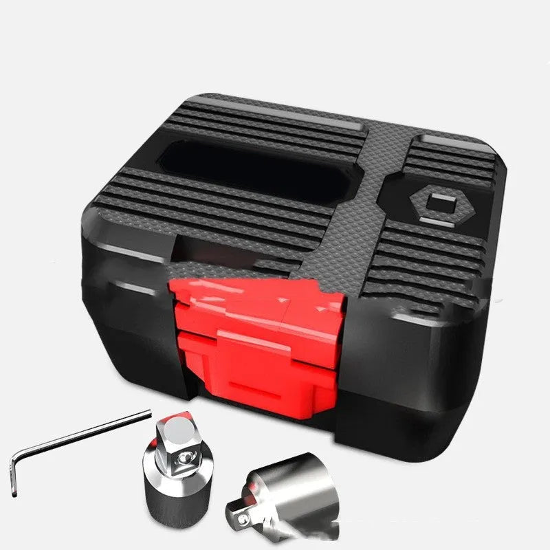 Digital torque meter with display screen and 1/2 inch square drive, part of a three-piece tool set.