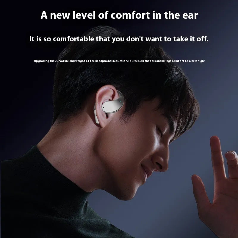 Black hanging-ear sports Bluetooth earphones with digital display.
