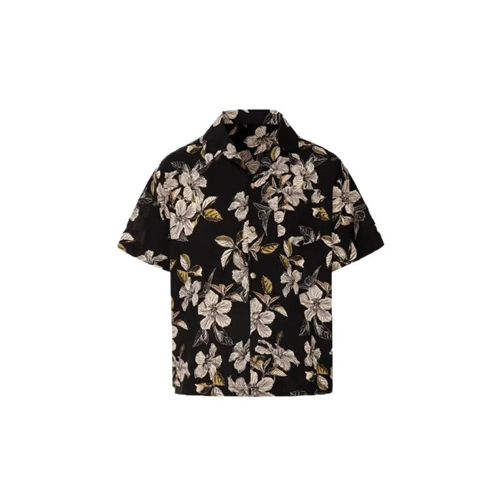 Black men's vintage Cuban collar ice silk shirt with floral print and short sleeves
