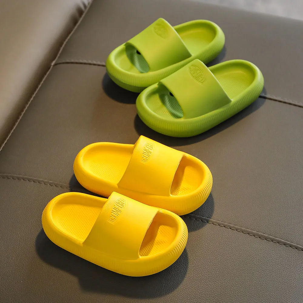 Brightly coloured children's EVA slippers with a textured non-slip sole, shown in multiple colour options.