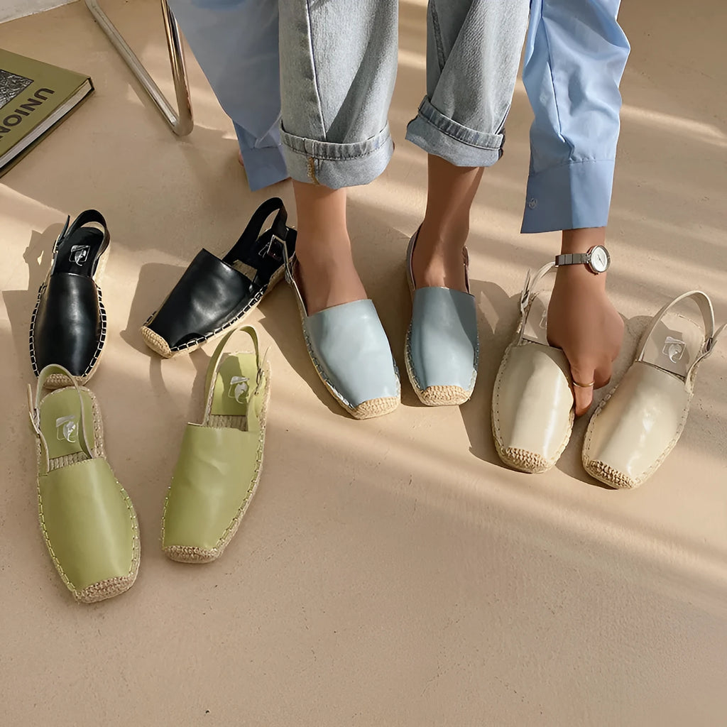 Baotou women's flat sandals in retro fisherman style with canvas upper and soft leather finish.