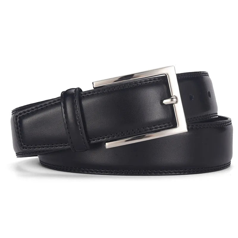 Men's genuine leather belt with alloy pin buckle in classic black colour