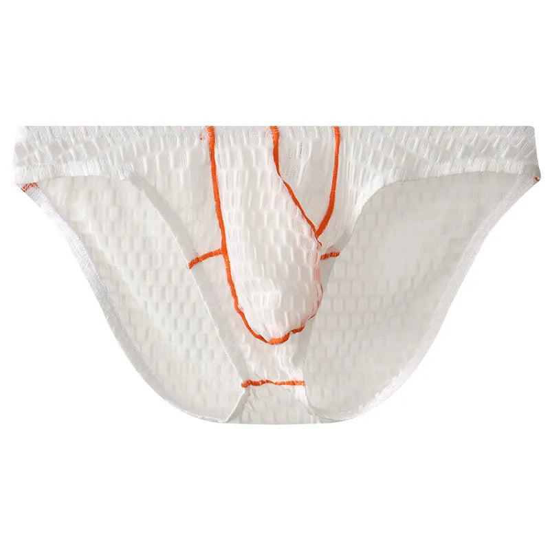 Men's solid colour low waist lace briefs on a white background.