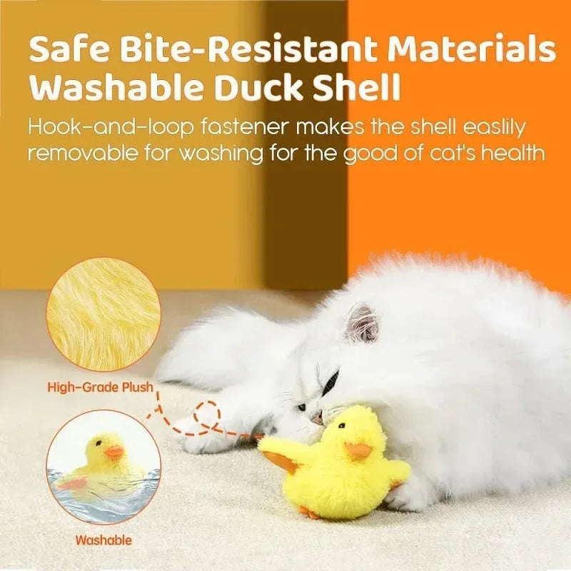 Yellow chick-shaped flapping duck cat toy with plush fabric on a floor.