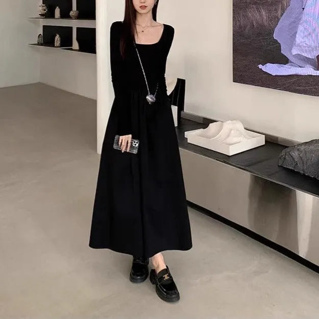 Women's black square collar knitted dress with elastic waist and A-line long skirt
