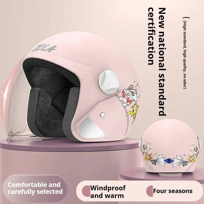Blue winter electric bicycle helmet with attached ear scarf and a clear anti-fog visor.