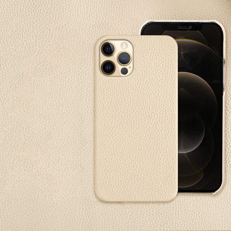 Brown genuine leather iPhone case with half-split design on iPhone 14 Pro