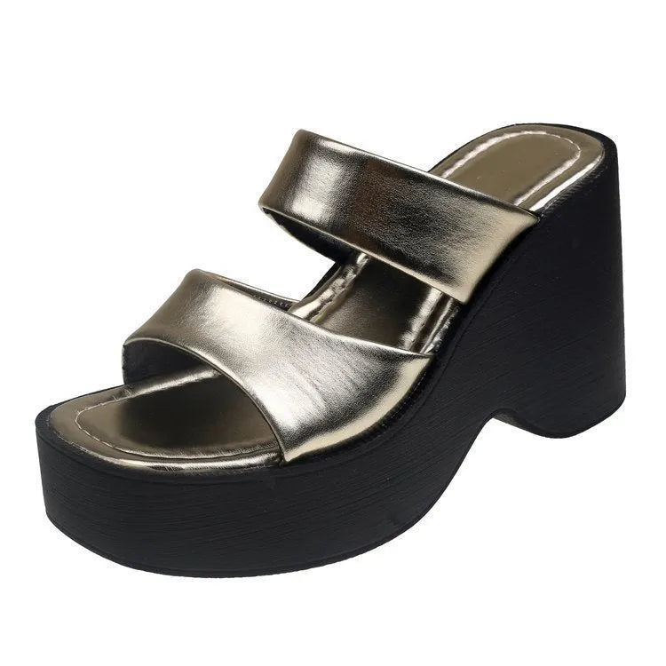 Women's black wedge platform slippers with square toe and 1-inch heel