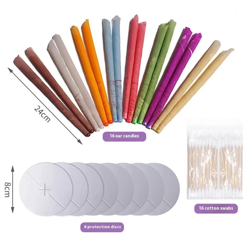 Ear candle set showing 16 candles, 8 protection boards and 16 cotton swabs arranged on table