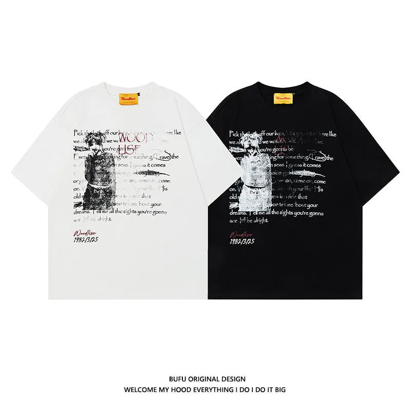 Men's black pure cotton t-shirt with white letter pattern printing and loose retro fit