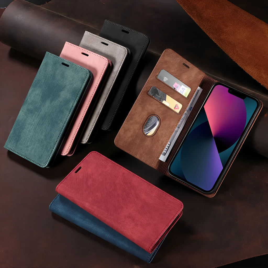 Magnetic flip phone case for iPhone in TPU and leather construction showing black colour option