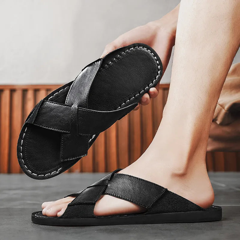 Men's black and brown pigskin leather sandals with frosted finish and sewn rubber soles