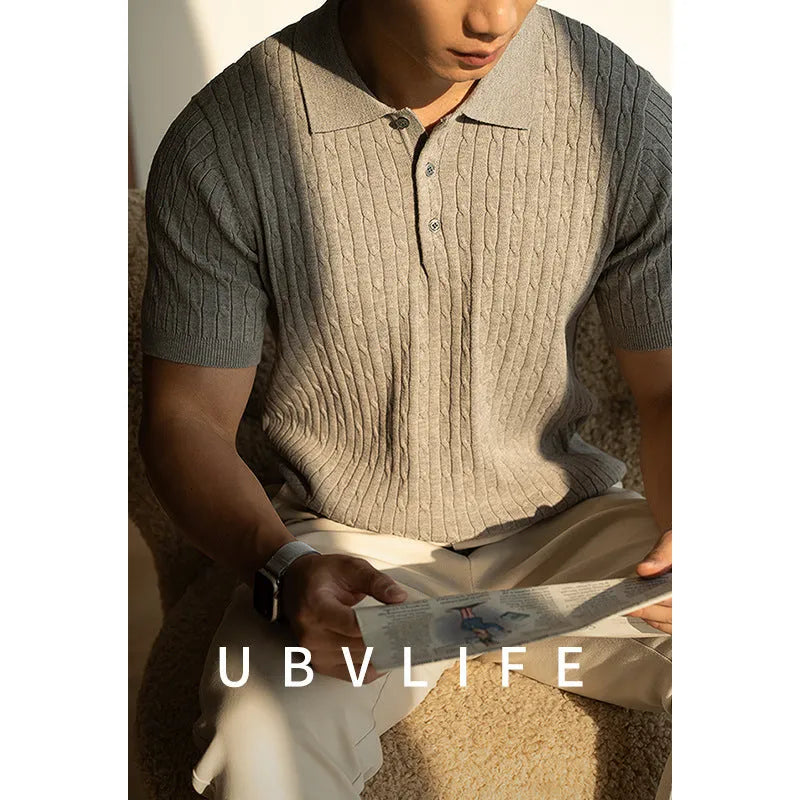 Men's short sleeve business commute top in khaki colour with four-fabric blend construction