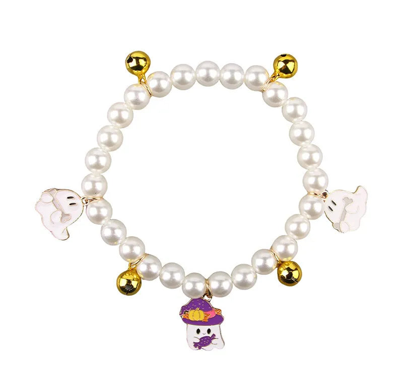 Halloween pet collar with simulated pearl beads and purple ghost pumpkin decoration for cats