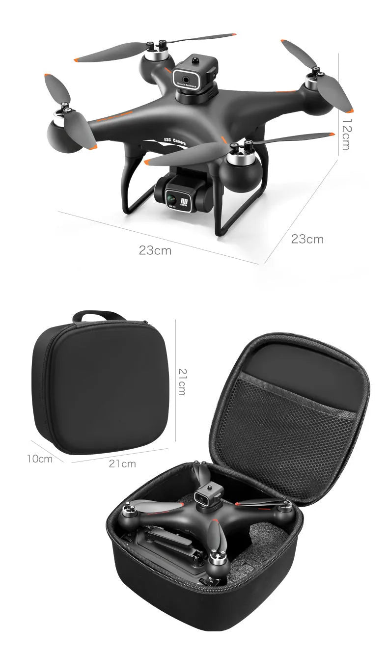 Black HD brushless UAV drone with four-side obstacle avoidance and camera, remote control beside it