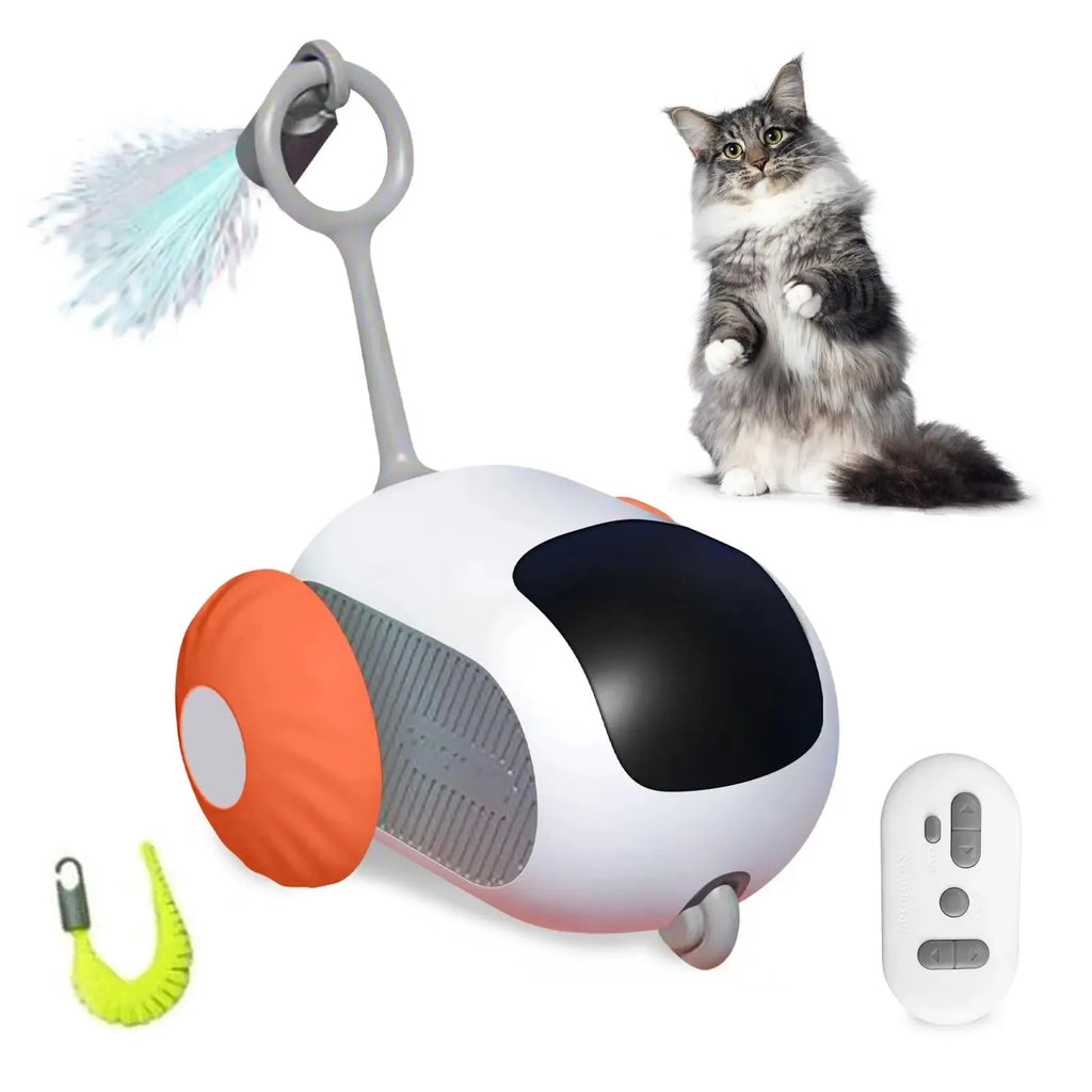 Blue smart cat toy car with feather teaser attachment and remote control on white background