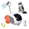Blue smart cat toy car with feather teaser attachment and remote control on white background