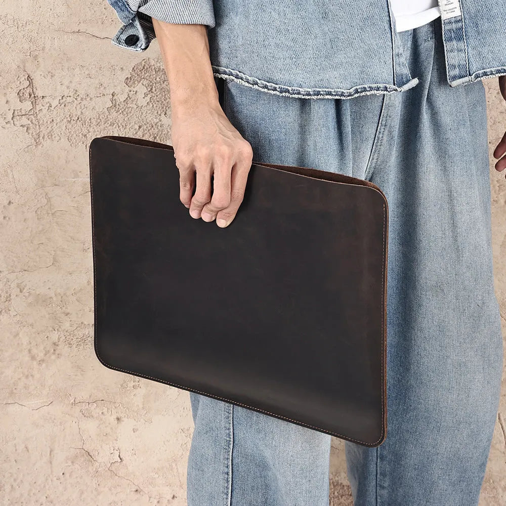 Brown genuine leather computer liner bag with horizontal design and wear-resistant cowhide lining