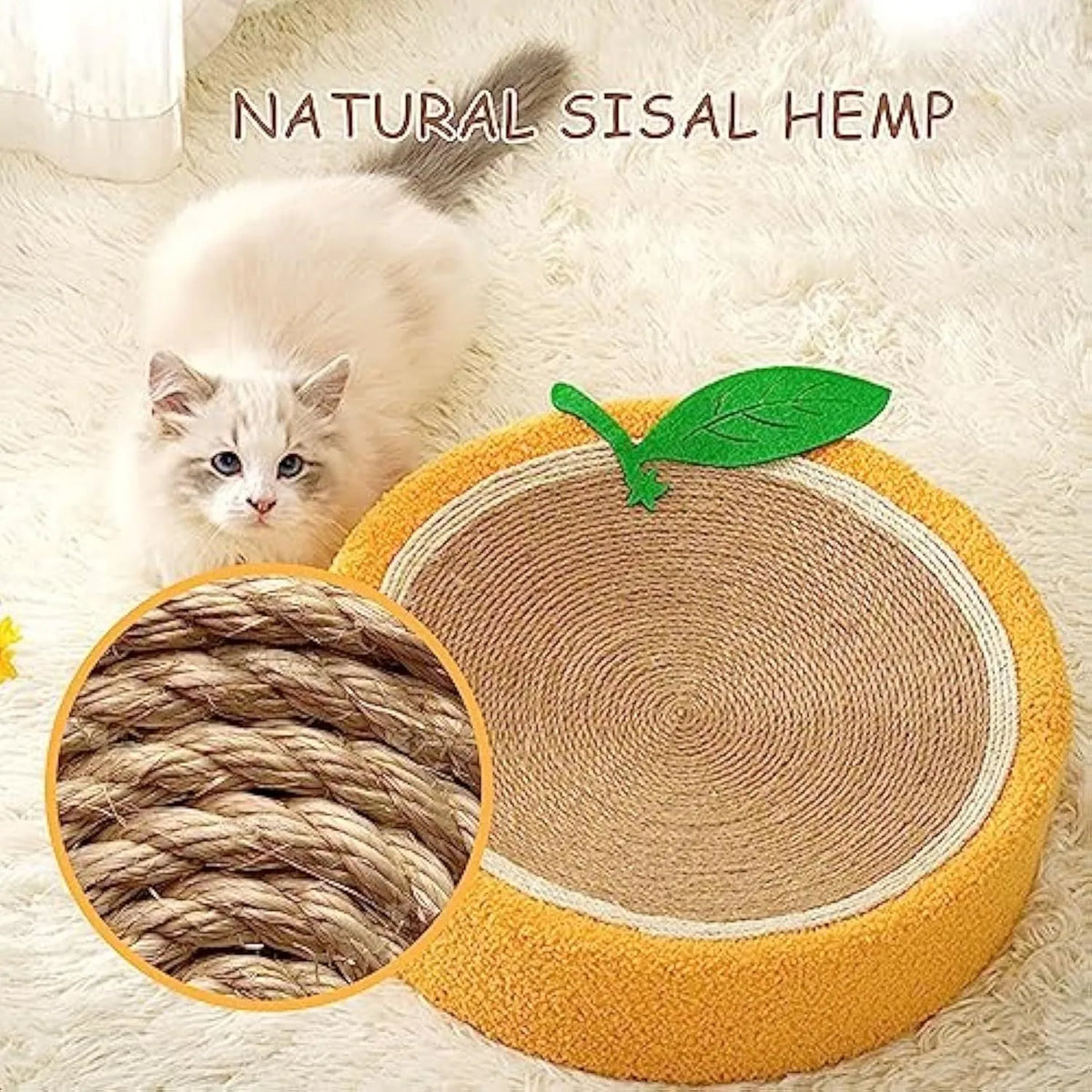 Orange round sisal cat scratching board with concave centre serving as both scratcher and cat bed