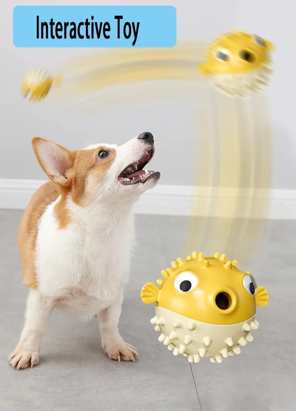 Green fish-shaped dog toy with squeaky bell and treat-dispensing opening