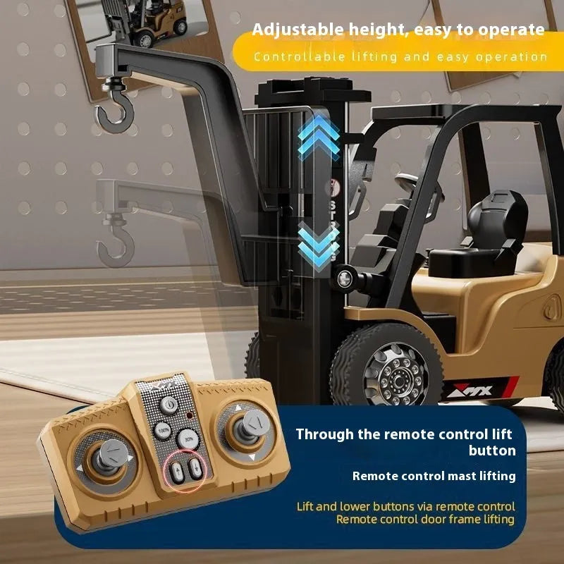 1:64 scale mini alloy forklift toy with remote control and cargo accessories on pallet