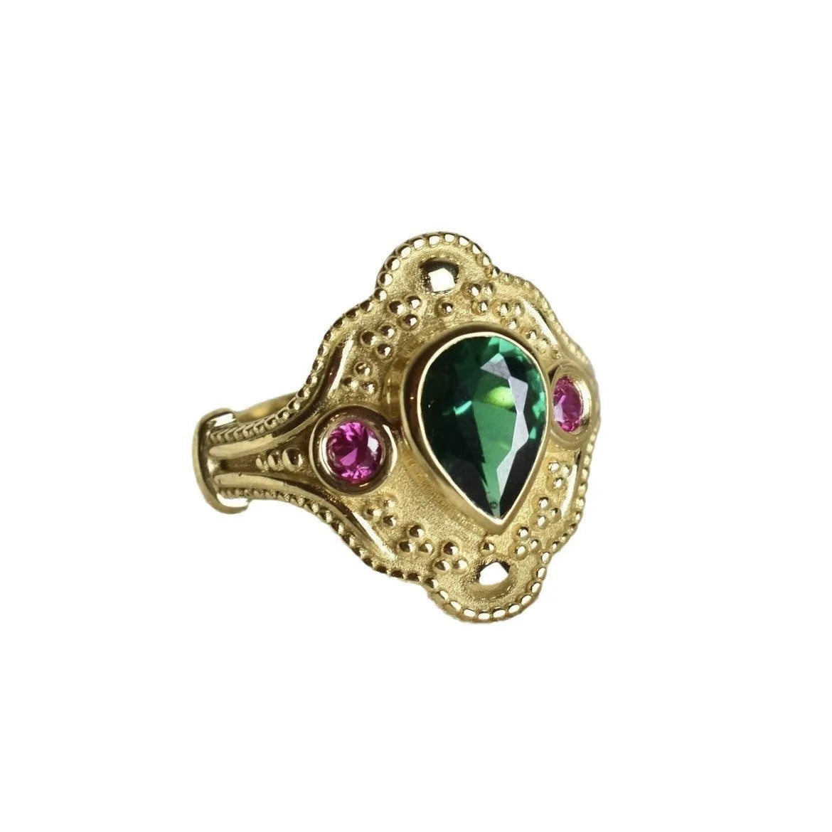 Golden geometric women's fashion ring on display showing electroplated finish and geometric design details