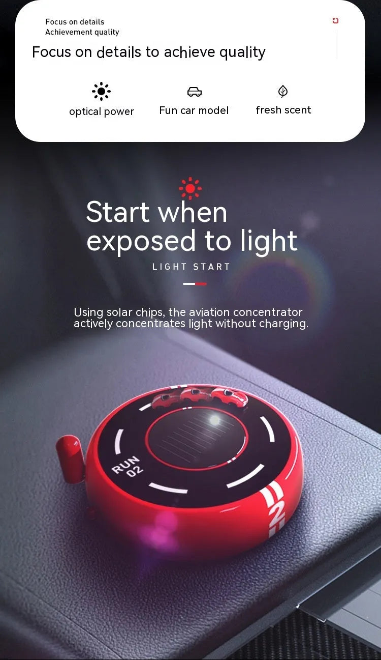 Round solar-powered car aromatherapy decoration with light sense model features in black red or white plastic