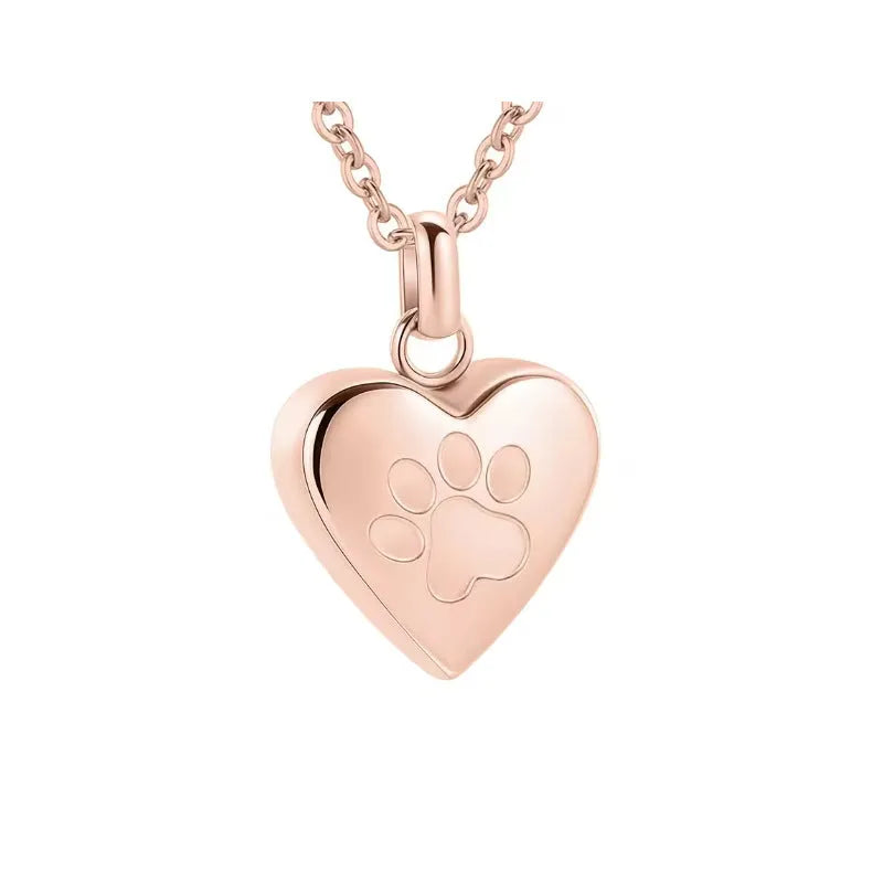 Openable heart-shaped paw print casket necklace in titanium steel on a chain.