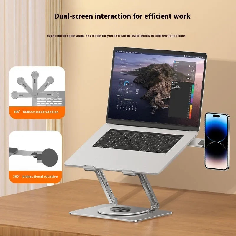 Silver carbon steel laptop stand with side-mounted magnetic phone holder rotated at 45-degree angle